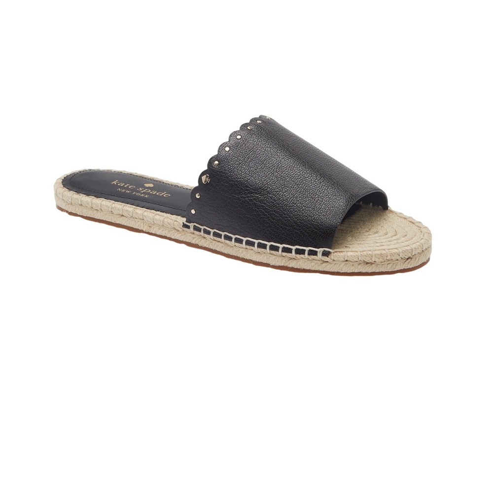 Kate Spade New York Gabriela Black Leather Scalloped Espadrille Slide Sandals 8B
